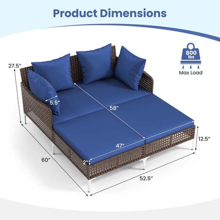 Mix Brown Rattan Day Bed with Cushions Outdoor Lounger - 60" x 52.5" x 27.5"
