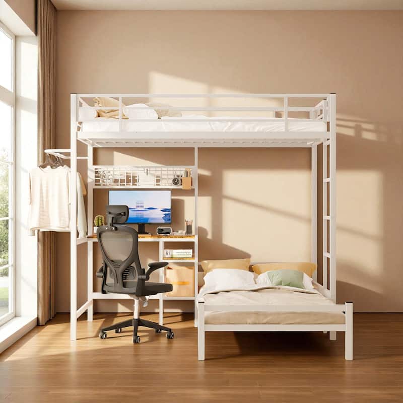 Twin Over Twin Metal Bunk Bed with Desk, L-Shaped Loft Design, Storage Shelves, Drawers, Guardrails and Ladder for Teens
