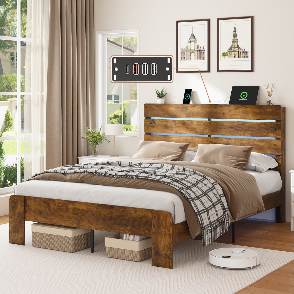Wooden Platform Bed Frame with Metal Frame Support, Farmhouse Bed with LED Lights Headboard, Charging Station, Antique Natural