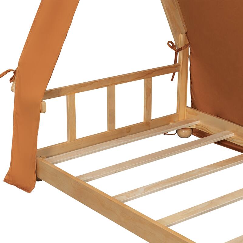 Deer Antler Accents House Bed Tent with Light and Roll-Up Curtain Skylight, Low Platform Bed with Detachable Tent and Roof