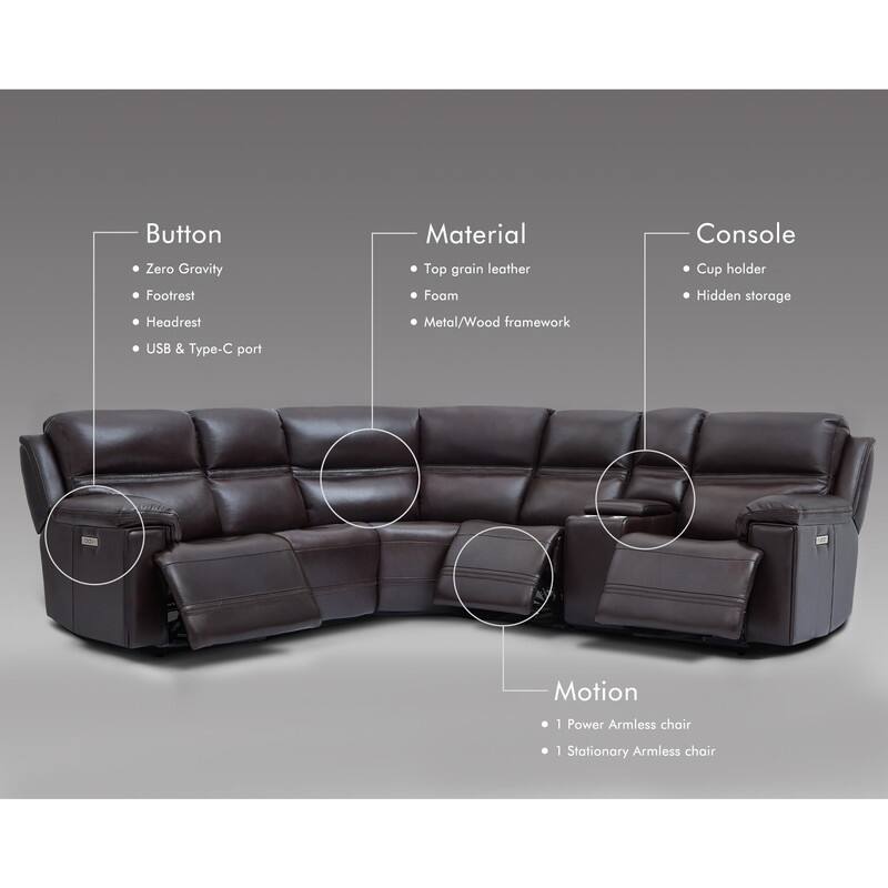 121" W Genuine Leather Dual-Power Sectional Sofa with Two Consoles, Zero Gravity, UsB & Type-c Ports and1 Power armless chair