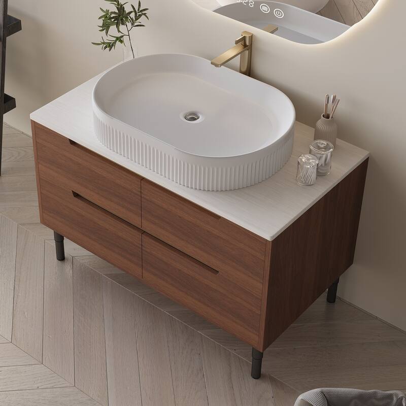 36 inch Bathroom Vanity, Freestanding or Wall Mounted with Ceramic Integrated Sink & Soft-Close Drawers