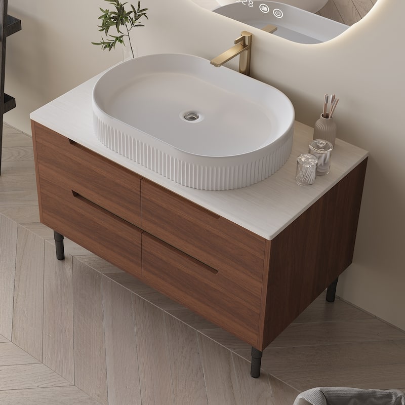 GDFStudio - Luxury 36" Floating/Freestanding Sintered Stone Bathroom Vanity with Ceramic Vessel Sink & Soft-Close Drawers
