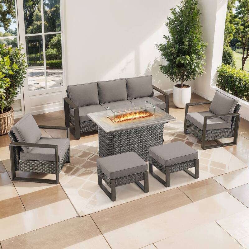 Pocassy 6 Pieces Outdoor Sofa Patio Chair Ottoman with Fire Pit Table Set - Gray cushion - Gray Wicker