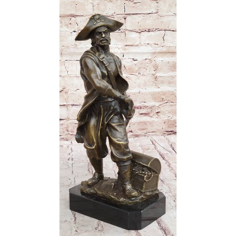 Swashbuckler Pirate Bronze Figure Statue Sculpture W/ Treasure Chest 13 Inches X 6 Inches
