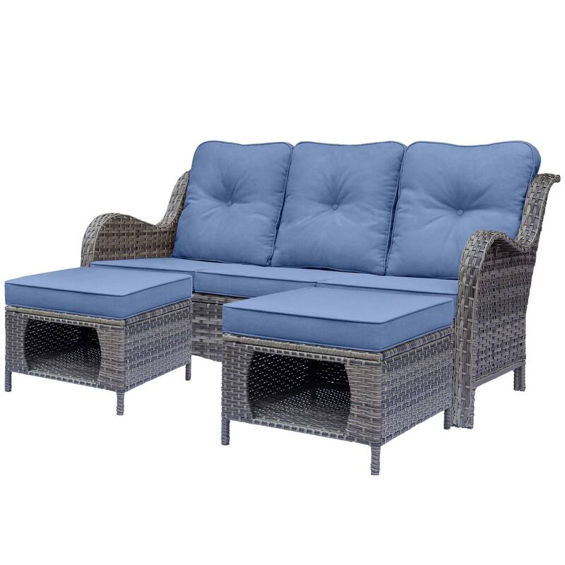 3 Piece Wicker Outdoor Couch Patio Sofa with Storage Ottomans Set