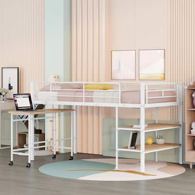 Modern Twin Loft Bed with Desk and Ladder Shelves, Sturdy Metal Frame