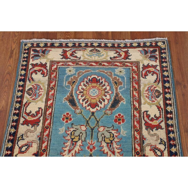 Light Blue Kazak Runner Rug Hand-Knotted Wool Carpet - 2'1" x 5'8"