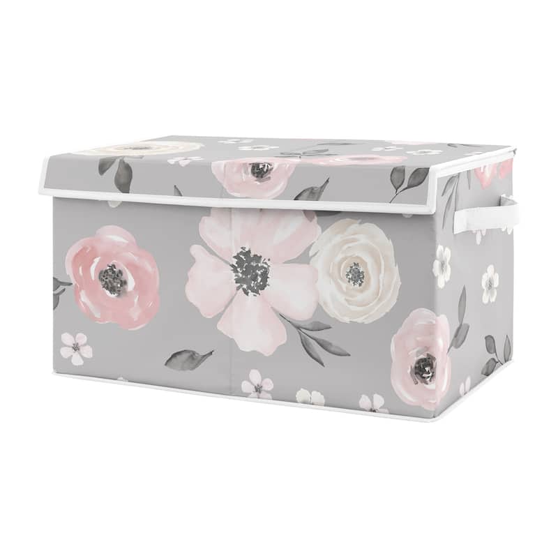 Grey Watercolor Floral Girl Kids Fabric Toy Bin Storage - Blush Pink Gray and White Shabby Chic Rose Flower Polka Dot Farmhouse
