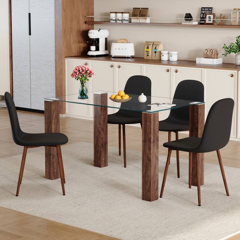 Roomfitters 5pcs Tempered Glass Dining Table Set with Walnut MDF Legs and Linen Upholstered Chairs, Black