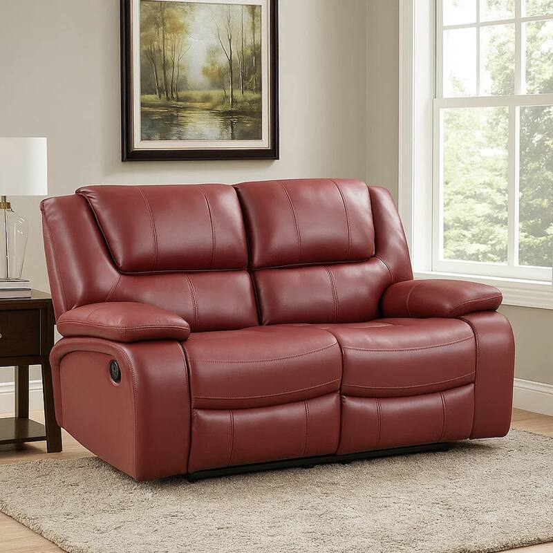 Mila 62 Inch Modern Manual Recliner Loveseat, 3 Seater, Red Faux Leather