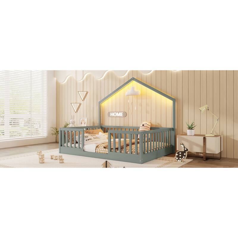 Roomfitters Twin/Full Floor Platform Bed, House Frame and LED Light with Wooden High Rails for Bedrooms or Guest Rooms