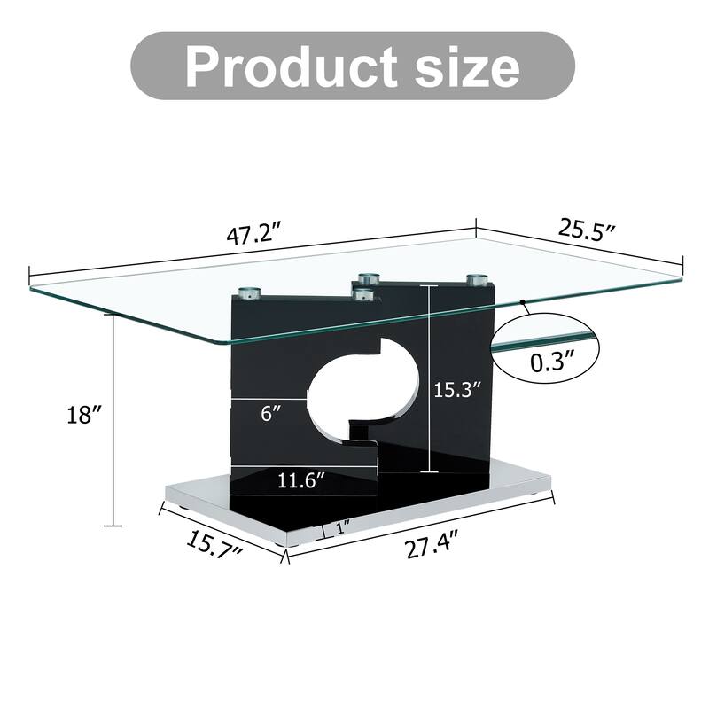 47.2" Modern Rectangular Coffee Table with Tempered Glass Tabletop and MDF Legs