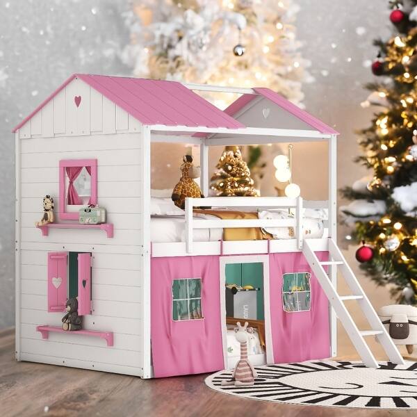 slide 2 of 20, Playhouse Design Impression & Beautiful Full Size Bunk Wood House Bed with Elegant Windows, Sills and Tent Pink+White