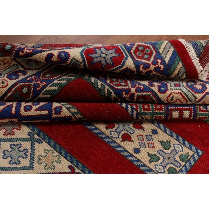 Red Geometric Kazak Oriental Area Rug Handmade Wool Carpet - 6'6" x 9'7"