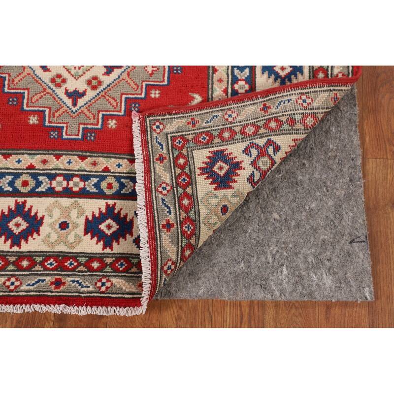 Geometric Red Kazak Accent Rug Handmade Oriental Wool Carpet - 3'3" x 4'10"