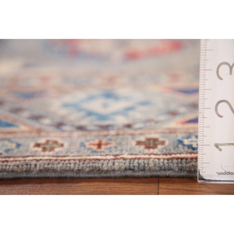 Geometric Kazak Oriental Accent Rug Hand-Knotted Grey Wool Carpet - 2'7"x 4'1"