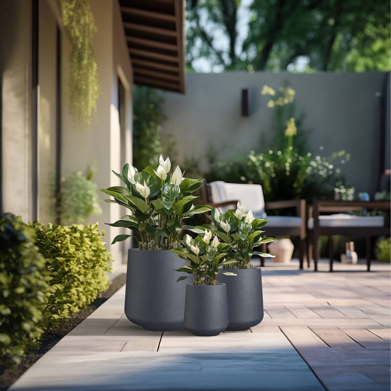 Tall Concrete Round Plant Pots / Large Indoor and Outdoor flower Planters - 3 Piece Set (15.5, 12, 8.5 Inch Diameter) - Granite Gray