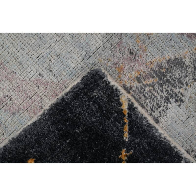 Hand Knotted Oriental Viscose Silk Carpet Modern Pictorial Navy Blue & Blues Abstract Area Rug - 7' 7'' X 5' 8''