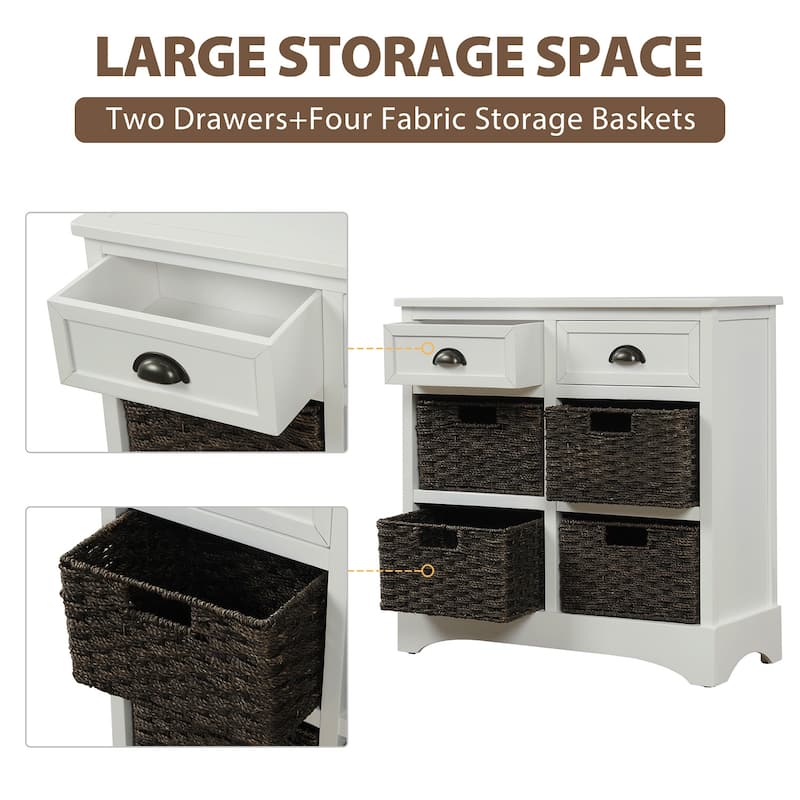 Hand-Woven Wicker Baskets Storage Cabinet, Entryway Table with 2 Aluminum Handle Drawers, Bottom Rubber Pad Sideboards