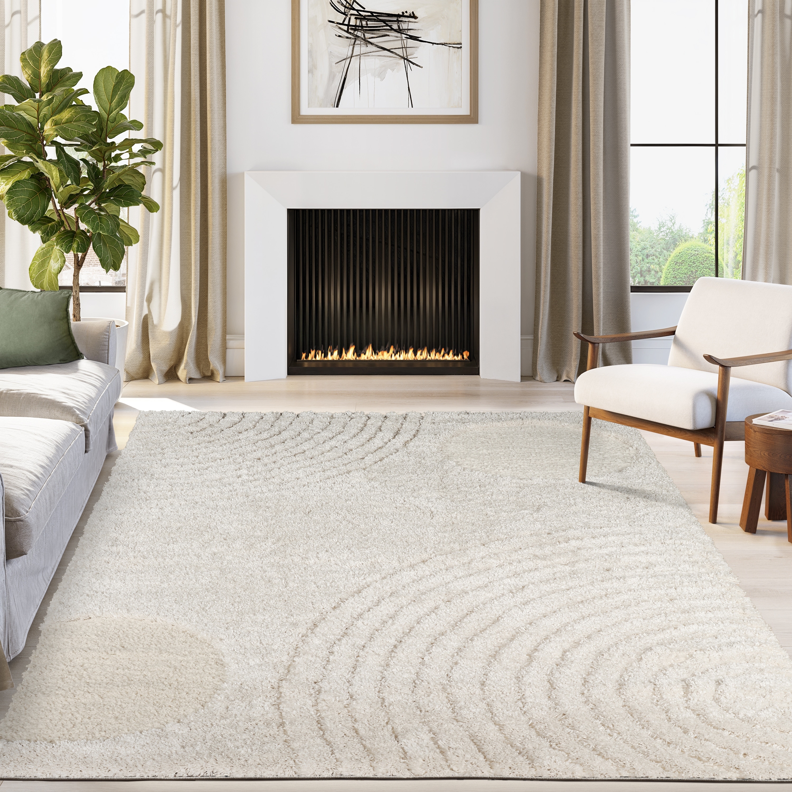 Abani Rugs GLE100A Abstract Circle Shag Cream Area Rug