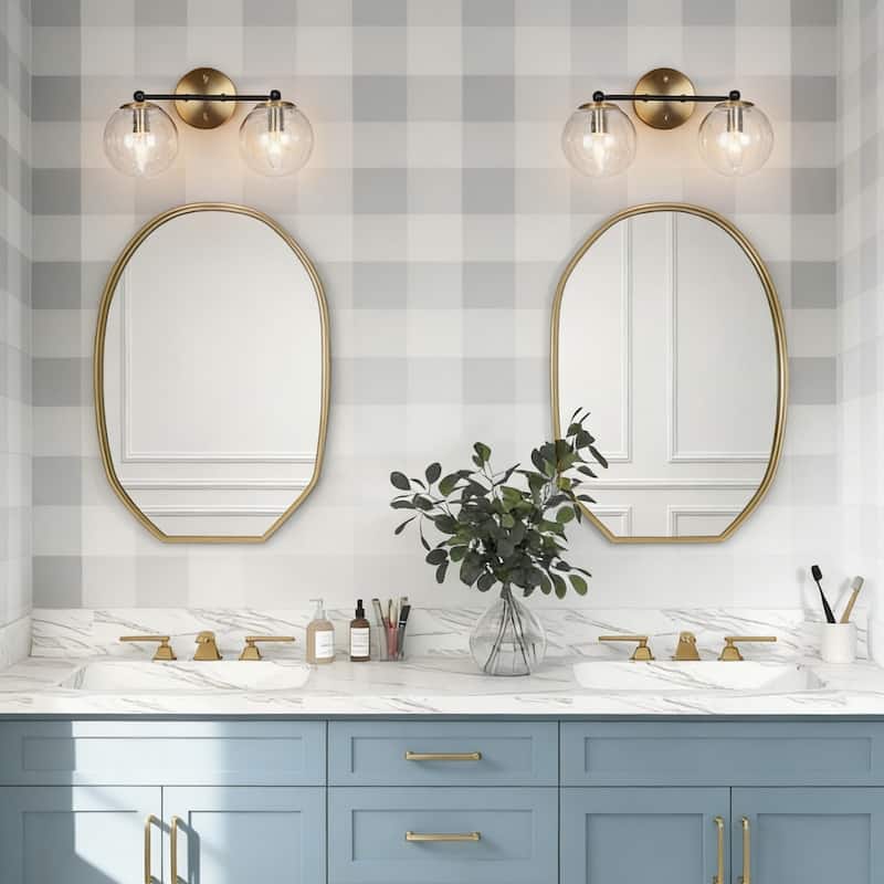Modern 2/3 Light Black Gold Bathroom Vanity Lights Over Mirror Dual Globe Seeded Glass Wall Sconces Fixture for Bathroom