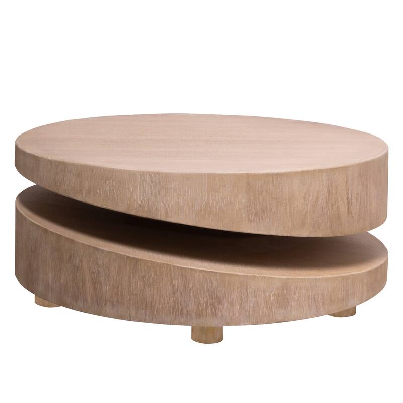 Roomfitters Modern Round Coffee Table with Offset Tier, 31" Architectural Center Table, Engineered Wood, Natural