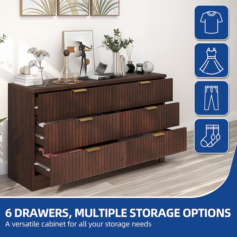 47" Wide Fluted 6 Drawers Dresser, Curved Profile Design Dresser