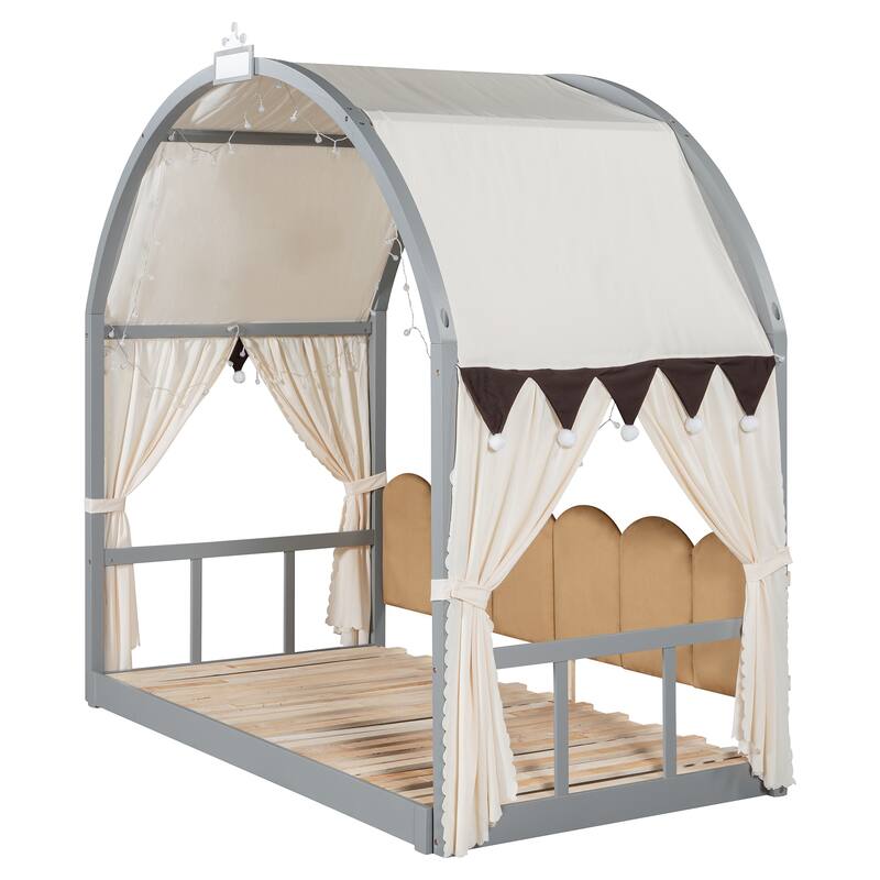 Wood Twin Size Bed Frame with Arched Roof, Floor Bed with Light and Curtain, Pull-out Kids Bed for Girls Boys Bedroom