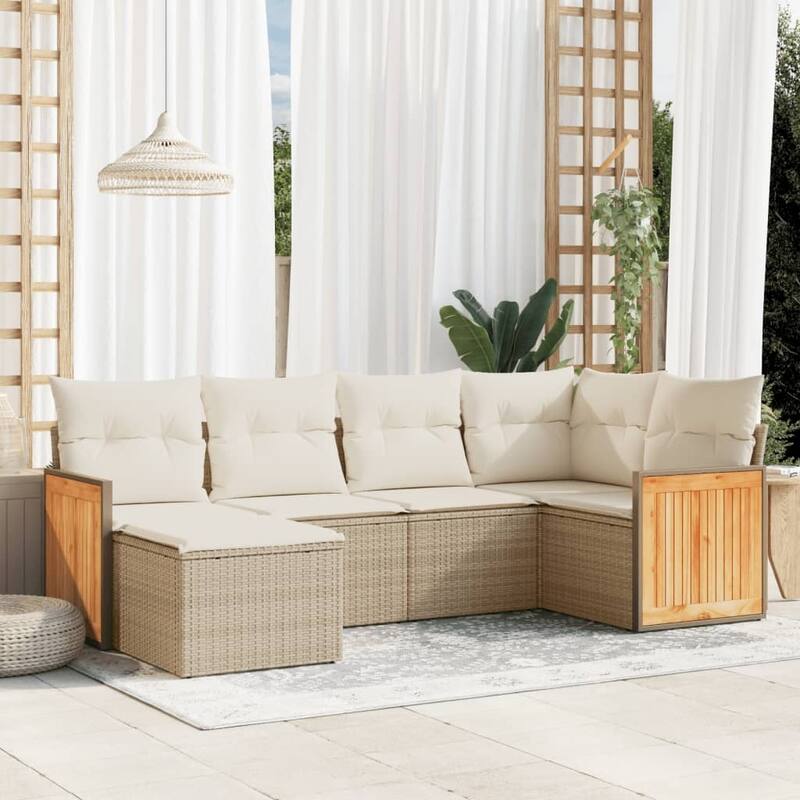 vidaXL Patio Sofa Set with Cushions Outdoor Conversation Furniture Poly Rattan - Beige and Cream - 24.4 x 24.4 x 27.2
