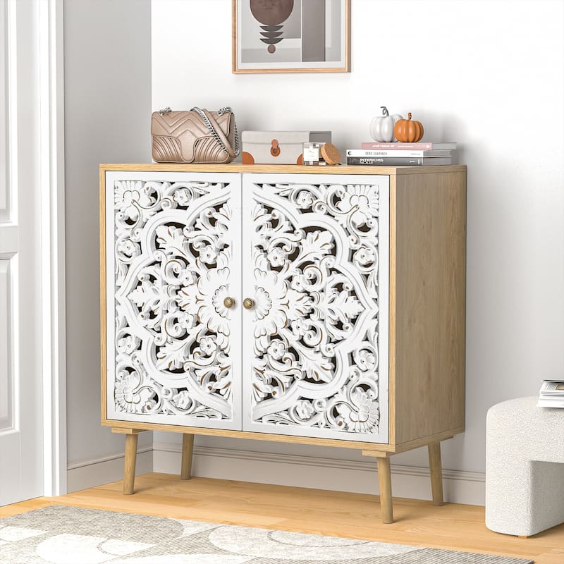 Anmytek Modern 2-Door Wood Sideboard Buffet Vintage Carved Storage Cabinet with Adjustable Shelf - 31.5" W x 13.8" D x 31.5" H