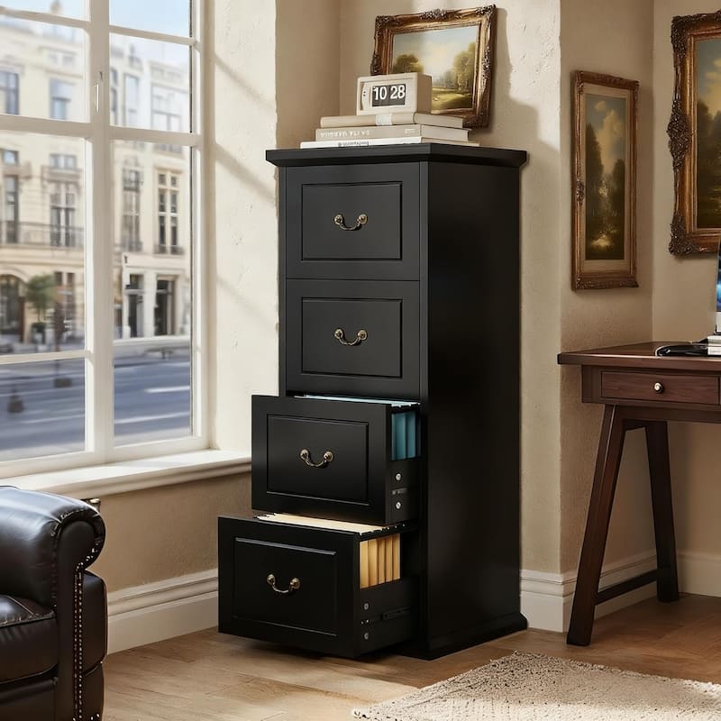 Wood File Cabinet, Tall Filing Storage Printer Stand for A4/Letter/Legal Size, Home Office Document Accent Cabinet - Black