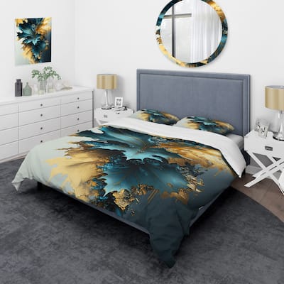 Designart "Abstract Blue And Gold Leaves II" Blue Traditional - Bed Cover Set With Shams