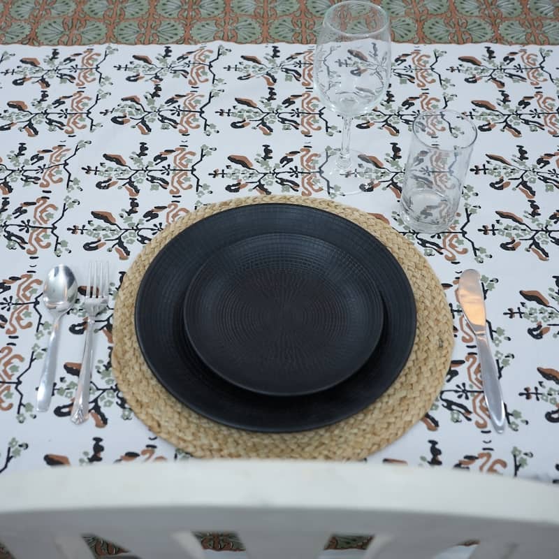 Fabdivine Handmade Block Print Cotton Brown Table Cover or Cloth Dining, Farmhouse & Kitchen Décor