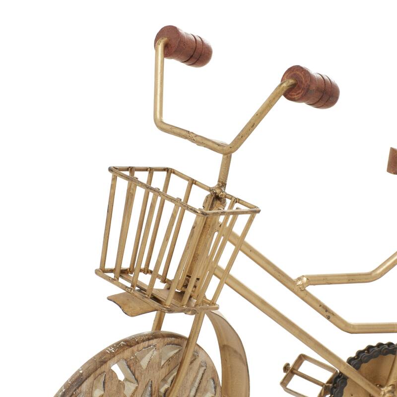 Metal Bike Decorative Sculpture with Carved Wood Wheels - White, Brown, Gold - Roche River Decor