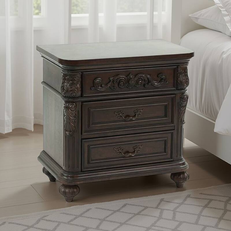 30 Inches 3 Drawer Engraved Wooden Nightstand, Brown