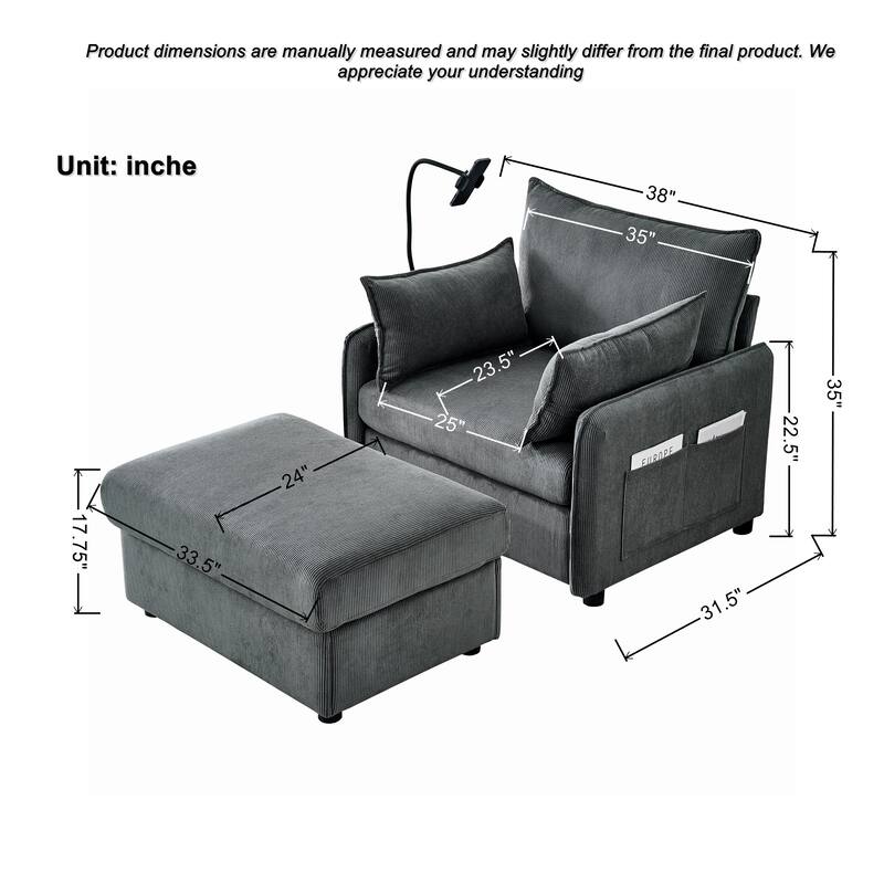 55"Oversized Chaise Lounge Chair with Ottoman and Storage, Upholstered Deep Seat Chaise Lounge with Pillows