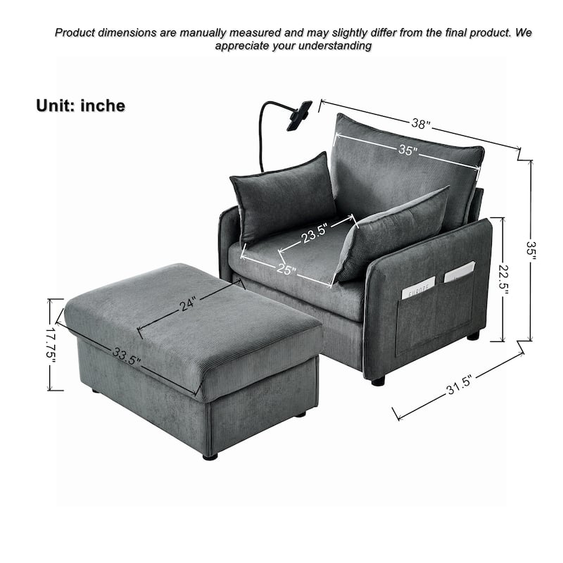 Corduroy Lounge Chaise with Ottoman, USB Charging and Hidden Storage