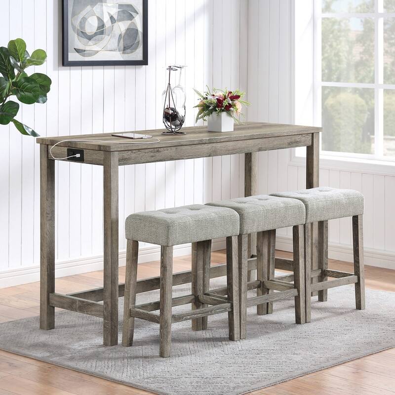 Bar Table Set with 3 Stools and Power Outlet