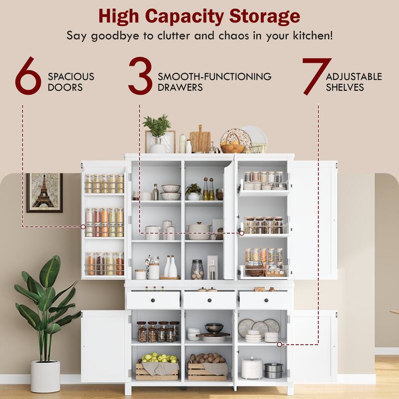 75" Farmhouse Kitchen Pantry Cabinet with Door Shelves, Large Freestanding Cupboard with Pull-Out Trays