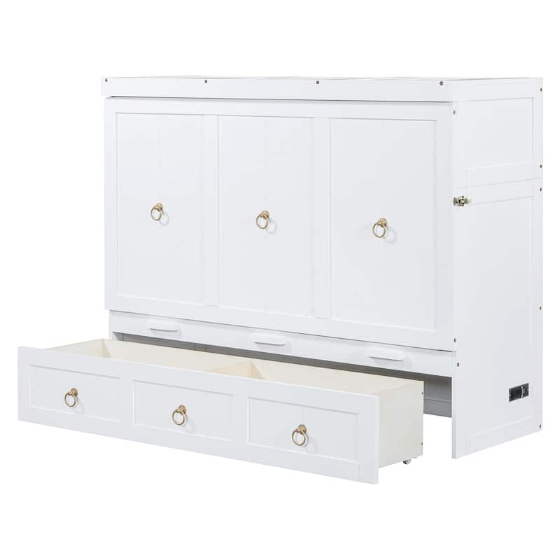 Queen Size Space-Saving Design Murphy Bed with USB Port and Large Drawer for Bedroom