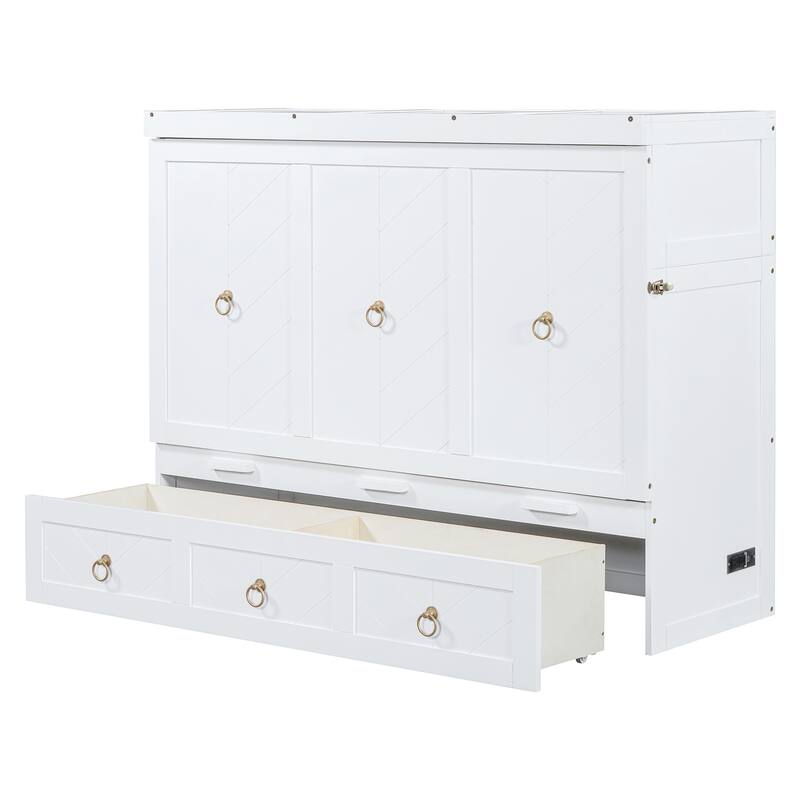 Space-Saving Full/Queen Murphy Bed with USB Charging Port, Storage Drawer, and Pine Wood Frame