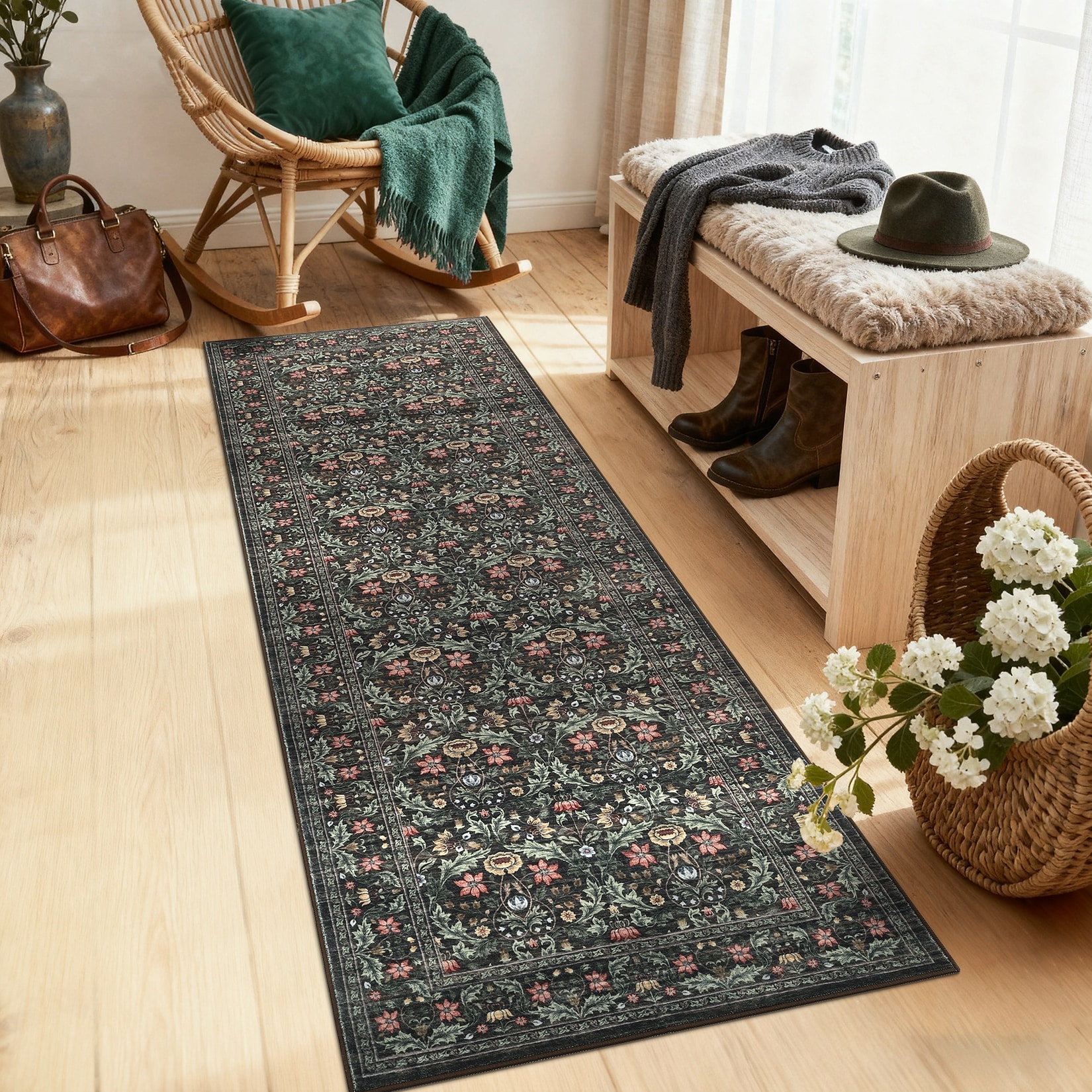 Garvee Washable Area Rugs for Living Room Bedroom, Floral Print Non-Slip Low Pile Rug