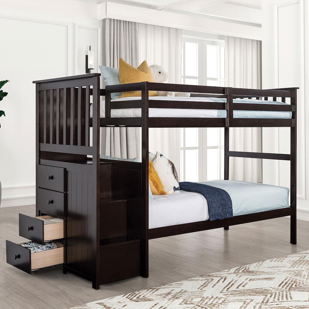 Furniture of America Sorvyn Solid Wood Espresso Twin Over Twin Bunk Bed with Access Steps