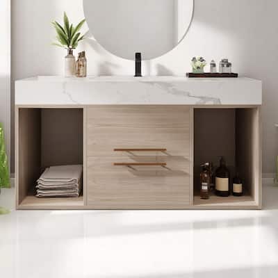 Modern 39.4 Inch Floating Bathroom Vanity with Ceramic Sink, Solid Wood Cabinet & Gold Metal Handles