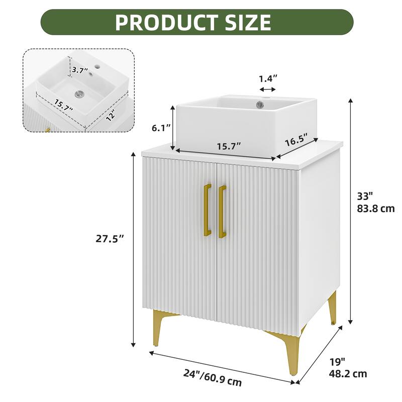 Freestanding Bathroom Vanity with White Stone Top Soft Close Doors and Gold Accents - White - 24 Inch