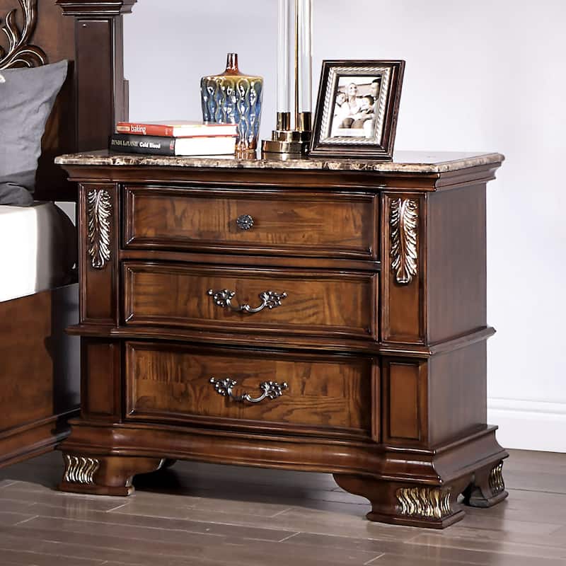Furniture of America Wrea Traditional Marble Top 3-Drawer Nightstand - Brown Cherry