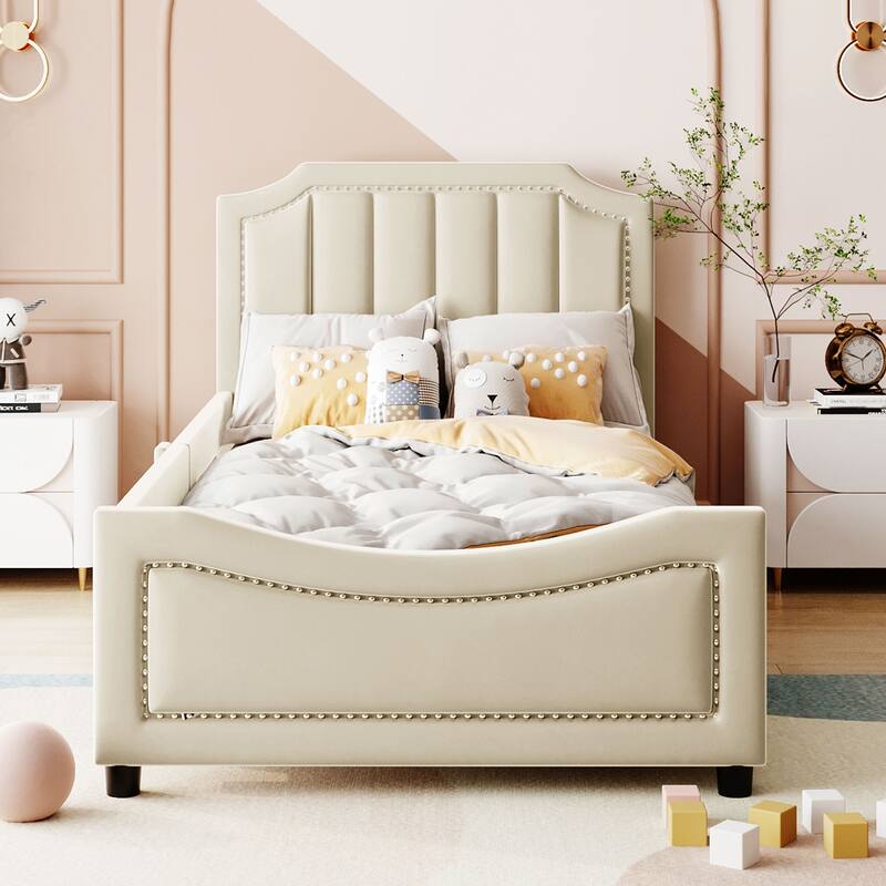 Twin Size Upholstered Daybed with Classic Stripe Shaped Headboard, Velvet Fabric & Sturdy Frame - Elegant Design