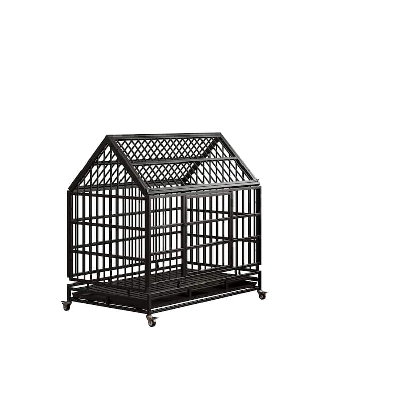 48 Inch Heavy Duty Dog Crate with Wheels, Folding Big Dog Cage for Large and Medium Dogs with a pointed roof and Removable Tray