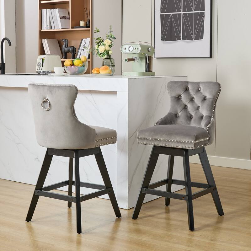 Swivel Bar Stools Set of 2, Velvet Counter Height Barstools with Wooden Legs, Kitchen Island Chairs with Button Backrest - Gray